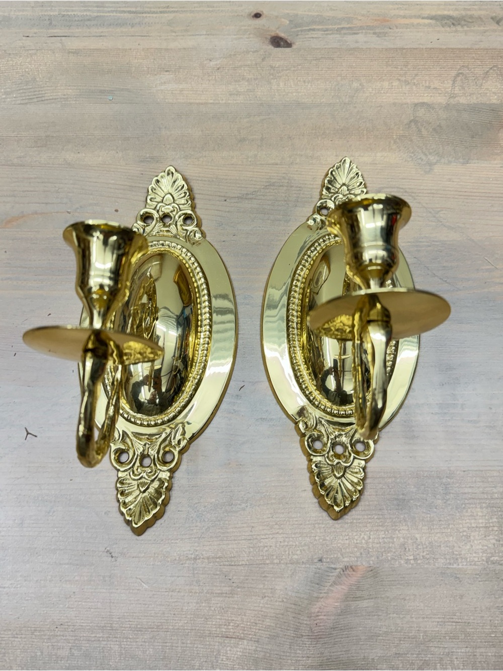 Pair of Vintage Brass Wall Sconces - Polished Gold Tone
